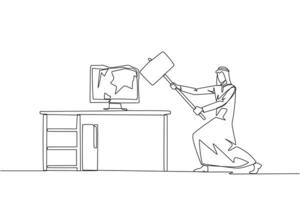 Single one line drawing Arab businessman preparing to hit computer monitor on the work desk. Stocks that don't rise. Didn't get any profit. Anger escalated. Continuous line design graphic illustration vector