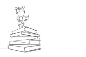 Single continuous line drawing girl standing on pile of books reading a fiction story book. Intrigued by the book series. Read anywhere to finish reading. Reading. One line design illustration vector