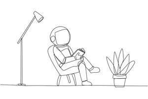 Continuous one line drawing astronaut sitting reading in room with reading lamp. Spending holidays increasing knowledge by reading the books. Love reading. Single line draw design illustration vector