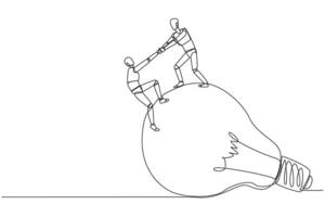 Continuous one line drawing smart robot helps colleague climb the big lightbulb. Metaphor related to idea. Brainstorm to achieve the best brilliant ideas. Single line draw design illustration vector