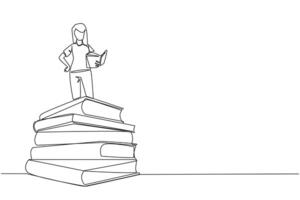 Continuous one line drawing woman standing on pile of books reading fiction story book. Intrigued by book series. Read anywhere to finish reading. Reading. Single line draw design illustration vector