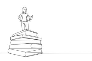 Continuous one line drawing woman standing on pile of books reading fiction story book. Intrigued by book series. Read anywhere to finish reading. Reading. Single line draw design illustration vector