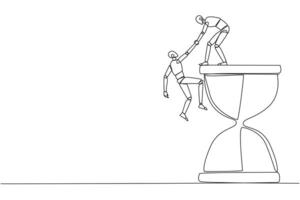 Single continuous line drawing smart robotic helps colleague climb the big hourglass. Have many assignment deadlines. Sharing with colleague will become easier. One line design illustration vector