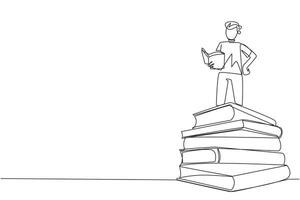 Single one line drawing man standing on pile of books reading a fiction story book. Intrigued by the book series. Read anywhere to finish reading. Reading. Continuous line design graphic illustration vector