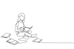 Single one line drawing woman sitting relaxed in a library reading a lot of books. Looking for answers to assignments. Hobby reading. Book festival concept. Continuous line design graphic illustration vector