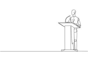 Continuous one line drawing inspirational robotic give speech at the podium. Convey tips for success in doing business by continuing to preserve nature. Single line draw design illustration vector