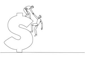 Single continuous line drawing businessman helps colleague climb the big dollar symbol. Desire to develop business together. Super great teamwork. Cohesiveness. One line design illustration vector