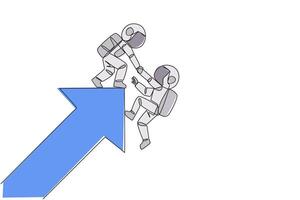 Single continuous line drawing astronaut helps colleague climb the big rising arrow symbol. Compact teamwork. Positive effect on company. Complete work correctly. One line design illustration vector