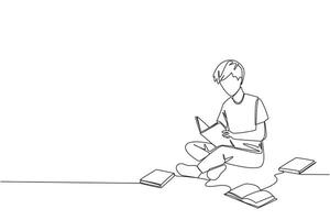 Single continuous line drawing man sitting relaxed in a library reading a lot of books. Looking for answers to assignments. Hobby reading. Book festival concept. One line design illustration vector