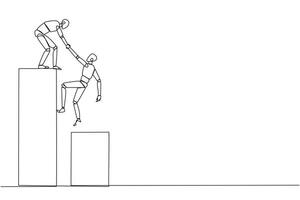 Single one line drawing smart robotic helps colleague climb the big bar graph. Helps to climb to higher ground. Move forward and success together. Teamwork. Continuous line design graphic illustration vector
