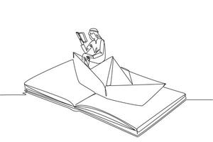 Single continuous line drawing Arab man reading a book on a paper boat. Maintain the good habits. The metaphor of reading can explore oceans. Book festival concept. One line design illustration vector