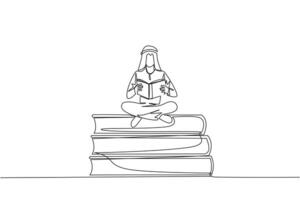 Single one line drawing Arab man sitting cross-legged on pile of large books. Read comic. Read textbook. Read scientific journal. Reading increase insight. Continuous line design graphic illustration vector