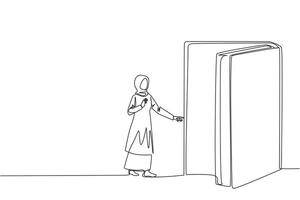 Single one line drawing Arabian woman open the book-shaped door. Book can open mind and see everywhere. Increase knowledge about wider world. Book festival. Continuous line design graphic illustration vector