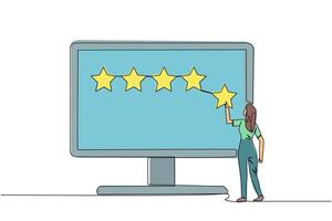 Continuous one line drawing woman standing trying to stick 1 star on the big monitor. Giving five star feedback. Giving stars quality result. Giving review. Single line draw design illustration vector