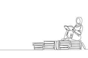 Single continuous line drawing Arabian woman sitting relax reading book on pile of books. Relax while reading fiction book. Enjoy storyline. Book festival concept. One line design illustration vector