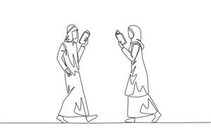 soltero continuo línea dibujo árabe hombre mujer caminando cara a cara leyendo libros. gesto de memorizando alguna cosa desde un libro. fanático a lectura. libro festival. uno línea diseño ilustración vector