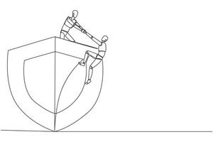 Continuous one line drawing smart robotic helps colleague climbs the big shield. Teamwork keeps colleagues safe from evil robotic. Helping each other. Single line draw design illustration vector