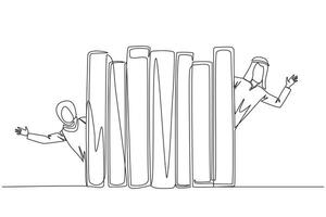 Continuous one line drawing Arab man woman appears from behind a row of books. Invitation to read book at library. Like to reading a book. Book festival concept. Single line design illustration vector