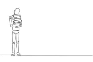 Single continuous line drawing robot standing hug some books. Favorite book that finish reading. Some books will be donated to national library. Charity. Knowledge. One line design illustration vector