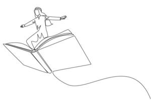 Single one line drawing Arabian man standing on large flying open book. Like riding a cloud, able to fly as high as possible. Reading increase insight. Continuous line design graphic illustration vector