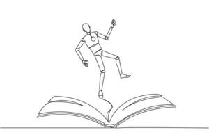 Continuous one line drawing robot hovering over an open book. Imagination to be robot astronaut floating in outer space. Enjoy the storyline. Book festival. Single line draw design illustration vector