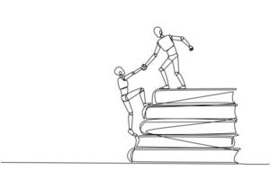 Single one line drawing robot help partner climb pile of books. Concept of helping each other to success together. Knowledge source book. Book festival. Continuous line design graphic illustration vector