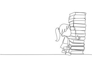 Continuous one line drawing girl hugging very high pile of books. Hobby to collecting and reading books. Filling free time with useful things. Loving read. Single line draw design illustration vector