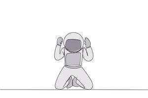 Single one line drawing young astronaut kneeling like praying. Lost hope. Businesses will bankrupt if fail to get bona fide clients. Gesture of surrender. Continuous line design graphic illustration vector