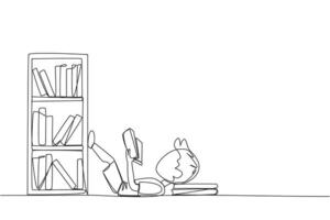 Single one line drawing boy lying on back reading fiction story book near bookshelf. Read slowly to enjoy the storyline. Hobby reading. Very good habit. Continuous line design graphic illustration vector