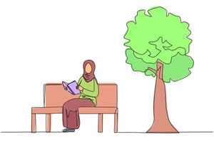 Single one line drawing Arabian woman sitting on park bench reading book. Learn by re-reading textbook. Read to get maximum marks. Reading increase insight. Continuous line design graphic illustration vector