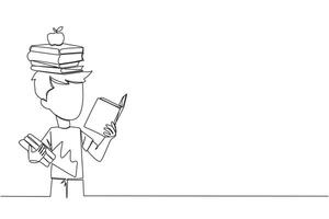 Single one line drawing boy reading a book practicing balance. Stack books on top of head along with the apple. Balancing reading rhythm, train focus. Love read. Continuous line graphic illustration vector