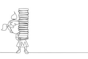 Continuous one line drawing girl carrying tall stack of books covering herself. Newly purchased book from a bookstore. Read books one by one at home. Love read. Single line design illustration vector