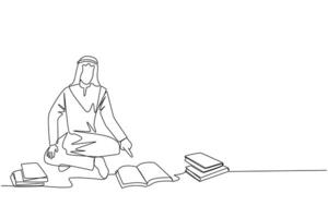 Single one line drawing Arabian man reading the books happily. Good reading interest. Really enjoy reading story books. Reading everywhere. Book festival concept. Continuous line graphic illustration vector