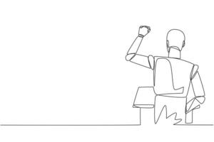 Single continuous line drawing rear view of smart robotic speaking at the podium. Raising and clenching hands, enthusiastically gave financial gain oration. Orator. One line design illustration vector