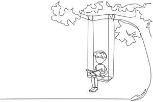 Single continuous line drawing boy sitting on a swing under a shady tree reading a book. High enthusiasm for reading. Read anywhere. Reading increases insight. One line design illustration vector