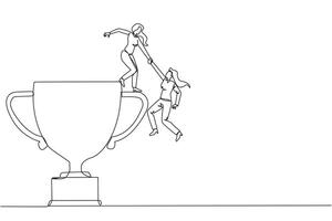 Single one line drawing businesswoman helps colleague climb the big trophy. An achievement that cannot be achieved without great teamwork. Smart teamwork. Continuous line design graphic illustration vector