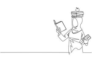 Single one line drawing Arab woman reading book practicing balance. Stack books on top of head along with the apple. Balancing reading rhythm, train focus. Continuous line design graphic illustration vector