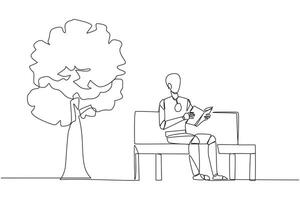 Continuous one line drawing robot sitting on park bench reading book. Learn by re-reading textbook. Read to get maximum marks. Reading increase insight. Single line draw design illustration vector