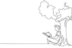 Continuous one line drawing man sitting reading book under shady tree. Continuing the second volume of the fiction story book. Enjoy reading. Book festival. Single line draw design illustration vector