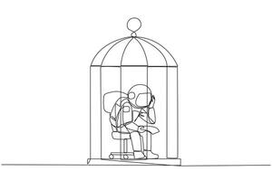 Continuous one line drawing astronaut trapped in the cage sitting pensively holding paper. Failed business. Read the bankruptcy statement. Frustration. Sad. Single line draw design illustration vector