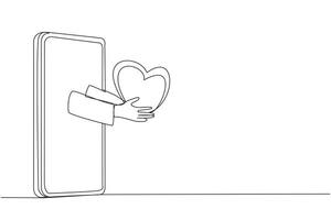 Single continuous line drawing hand coming out from the middle of the smartphone holding a heart. Metaphor favors services during online transactions. Satisfaction. One line design illustration vector