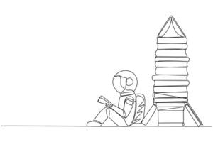 Continuous one line drawing astronaut sitting reading next to a pile of books shaped like rocket. Read the complete guide before expedition. Book festival. Single line draw design illustration vector