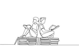 Continuous one line drawing man woman sitting relax reading book on pile of books. Relax while reading fiction books. Enjoy the storyline. Book festival concept. Single line design illustration vector