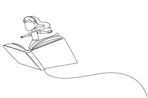 Continuous one line drawing girl standing on a large flying open book. Like riding a cloud, able to fly as high as possible. Reading increase insight. Love read. Single line design illustration vector