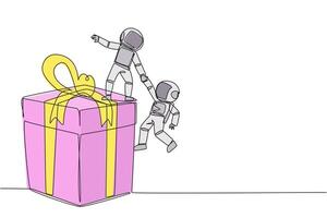 Single one line drawing young astronaut helps colleague climb the big gift box. Integrated teamwork to reach highest level for rewards. Helping each other. Continuous line design graphic illustration vector