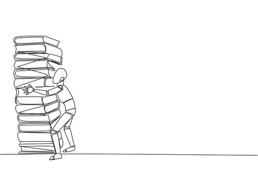 Continuous one line drawing smart robot hugging very high pile of books. Hobby to collecting and reading books. Filling free time with useful things. Read. Single line draw design illustration vector