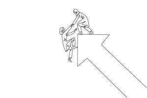 Continuous one line drawing Arabian businesswoman helps colleague climb rising arrow symbol. Compact teamwork. Positive effect on company. Complete work correctly. Single line draw illustration vector