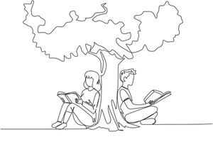 Single continuous line drawing man woman sitting reading the book under shady tree. Continuing the second volume of the fiction story book. Enjoy reading. Book festival. One line illustration vector