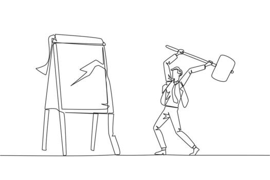 Continuous one line drawing businessman preparing to hit the big flip chart. Rampage. Destroy business reports that are not as desired. Anger exploded. Single line draw design illustration vector