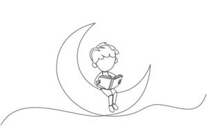 Continuous one line drawing boy sitting on crescent moon reading a book. Metaphor of reading a fairy story before sleeping. Read until late. Love reading. Single line draw design illustration vector